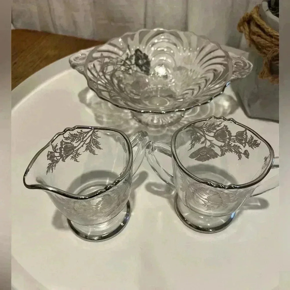 Glass candy dish, creamer and  sugar bowl, flowers and silver rims. - Picture 1 of 6